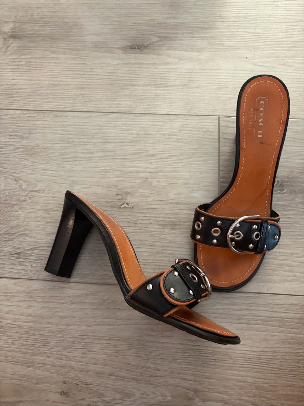 Coach Black Leather Studded Buckle Heeled Mules with Tan Footbed